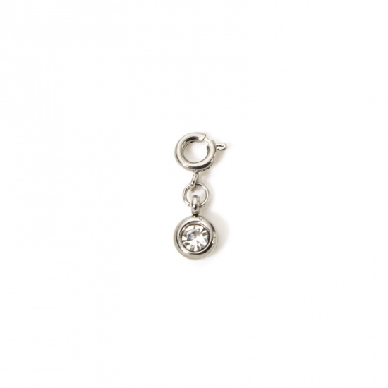 Picture of 1 Piece 304 Stainless Steel Birthstone Charms Silver Tone Round April Clear Rhinestone 20mm x 6.5mm