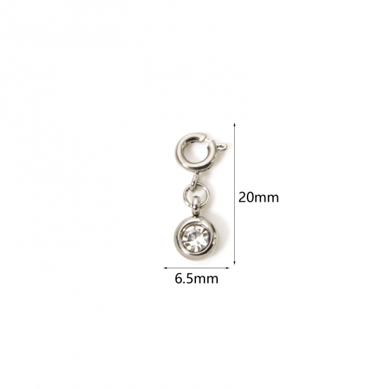 Picture of 1 Piece 304 Stainless Steel Birthstone Charms Silver Tone Round April Clear Rhinestone 20mm x 6.5mm