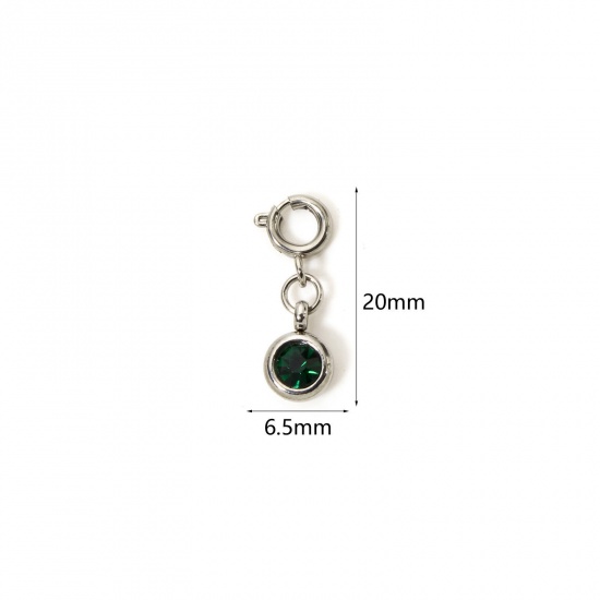 Picture of 1 Piece 304 Stainless Steel Birthstone Charms Silver Tone Round May Emerald Rhinestone 20mm x 6.5mm