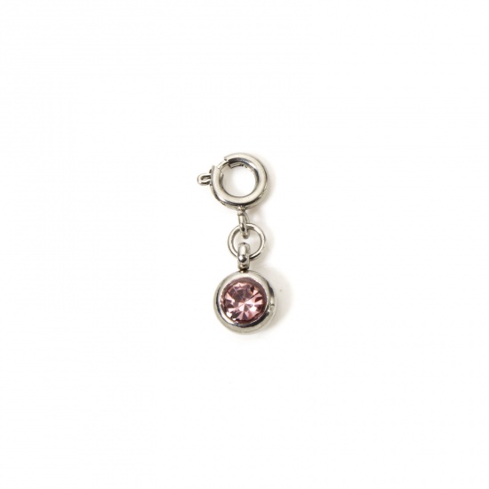 Picture of 1 Piece 304 Stainless Steel Birthstone Charms Silver Tone Round June Light Pink Rhinestone 20mm x 6.5mm