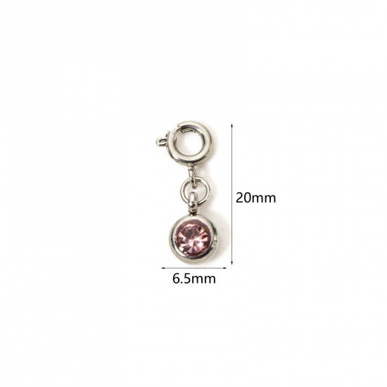 Picture of 1 Piece 304 Stainless Steel Birthstone Charms Silver Tone Round June Light Pink Rhinestone 20mm x 6.5mm