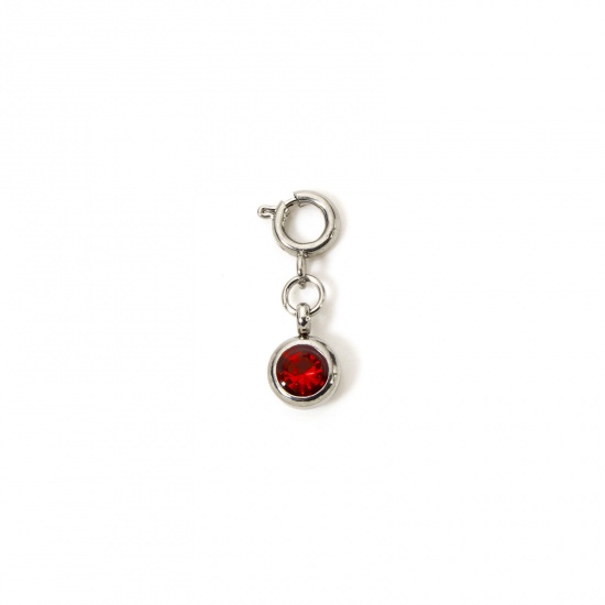 Picture of 1 Piece 304 Stainless Steel Birthstone Charms Silver Tone Round July Red Rhinestone 20mm x 6.5mm