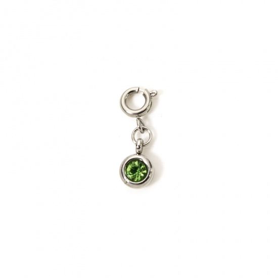 Picture of 1 Piece 304 Stainless Steel Birthstone Charms Silver Tone Round August Olive Green Rhinestone 20mm x 6.5mm