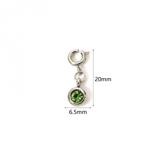 Picture of 1 Piece 304 Stainless Steel Birthstone Charms Silver Tone Round August Olive Green Rhinestone 20mm x 6.5mm