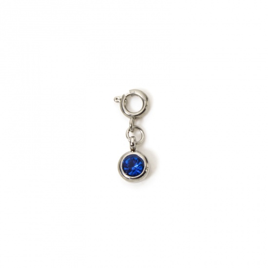 Picture of 1 Piece 304 Stainless Steel Birthstone Charms Silver Tone Round September Royal Blue Rhinestone 20mm x 6.5mm