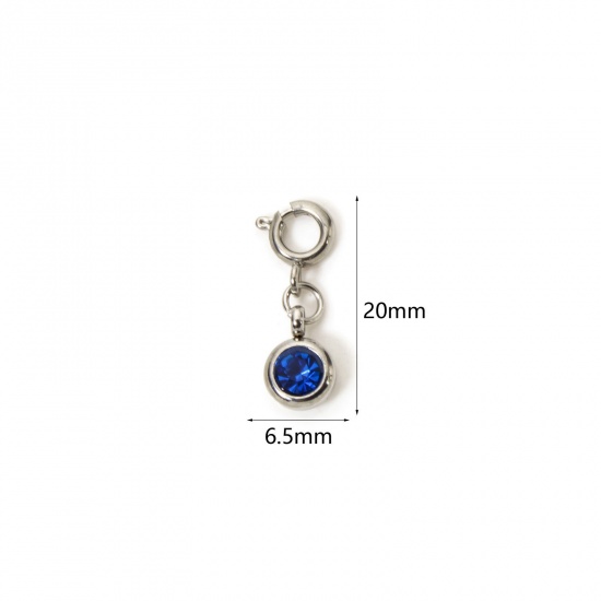 Picture of 1 Piece 304 Stainless Steel Birthstone Charms Silver Tone Round September Royal Blue Rhinestone 20mm x 6.5mm