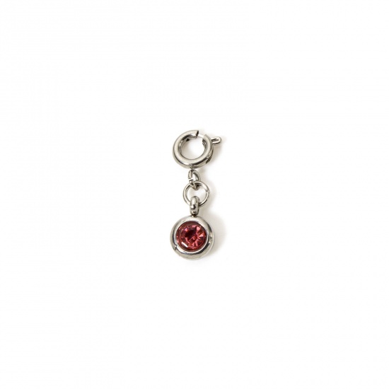 Picture of 1 Piece 304 Stainless Steel Birthstone Charms Silver Tone Round October Pink Rhinestone 20mm x 6.5mm