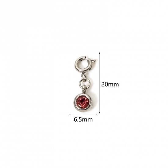 Picture of 1 Piece 304 Stainless Steel Birthstone Charms Silver Tone Round October Pink Rhinestone 20mm x 6.5mm