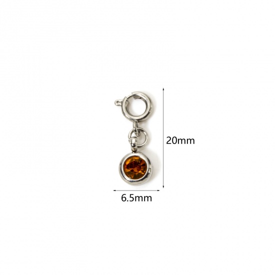 Picture of 1 Piece 304 Stainless Steel Birthstone Charms Silver Tone Round November Champagne Rhinestone 20mm x 6.5mm