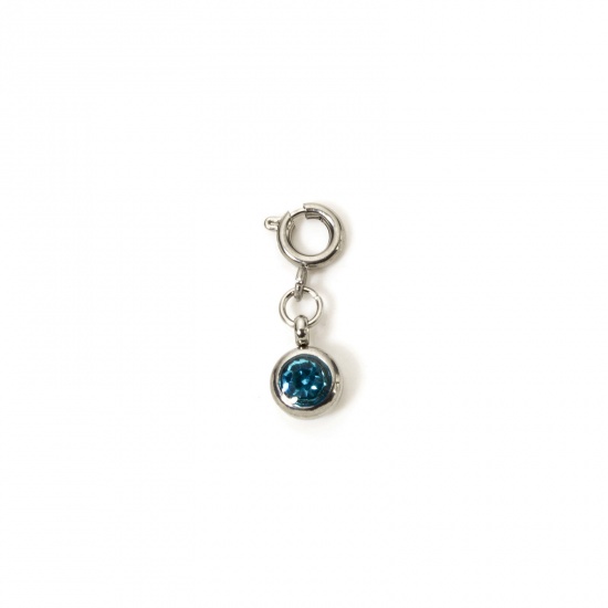 Picture of 1 Piece 304 Stainless Steel Birthstone Charms Silver Tone Round December Lake Blue Rhinestone 20mm x 6.5mm