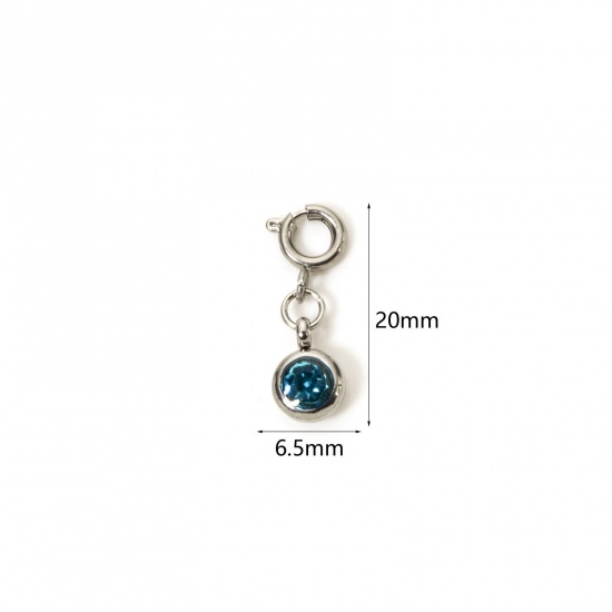 Picture of 1 Piece 304 Stainless Steel Birthstone Charms Silver Tone Round December Lake Blue Rhinestone 20mm x 6.5mm