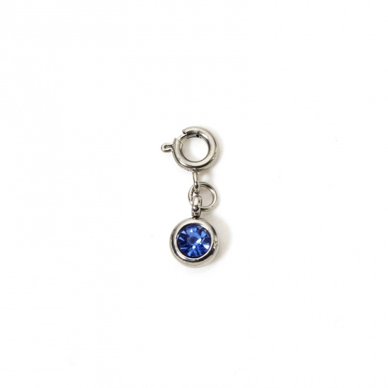 Picture of 1 Piece 304 Stainless Steel Charms Silver Tone Round Blue Rhinestone 20mm x 6.5mm