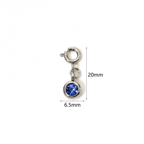 Picture of 1 Piece 304 Stainless Steel Charms Silver Tone Round Blue Rhinestone 20mm x 6.5mm