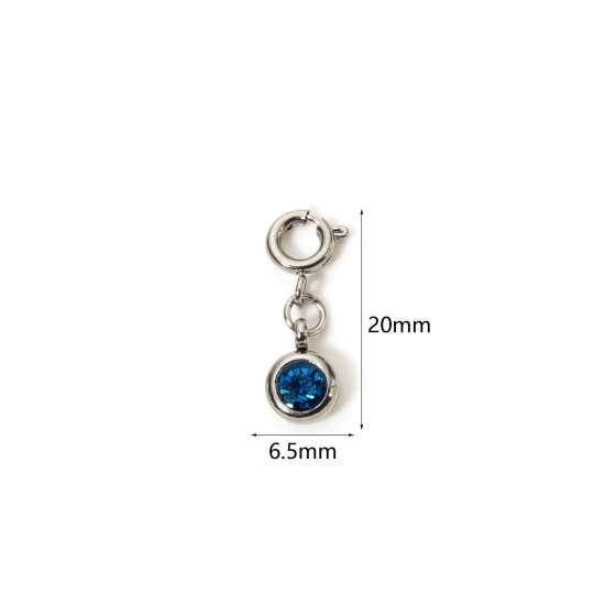 Picture of 1 Piece 304 Stainless Steel Charms Silver Tone Round Green Blue Rhinestone 20mm x 6.5mm