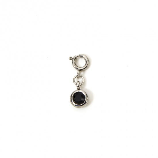 Picture of 1 Piece 304 Stainless Steel Charms Silver Tone Round Black Rhinestone 20mm x 6.5mm