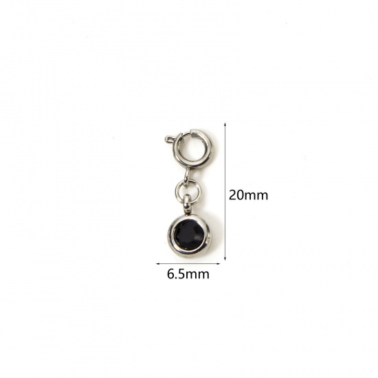 Picture of 1 Piece 304 Stainless Steel Charms Silver Tone Round Black Rhinestone 20mm x 6.5mm