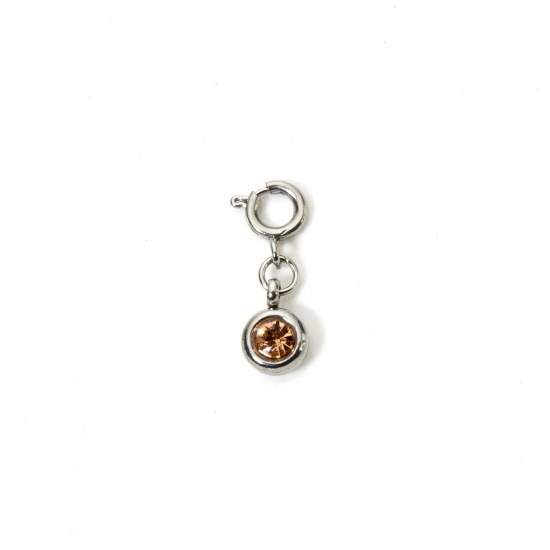 Picture of 1 Piece 304 Stainless Steel Charms Silver Tone Round Orange Pink Rhinestone 20mm x 6.5mm