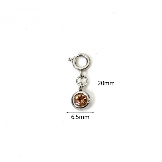 Picture of 1 Piece 304 Stainless Steel Charms Silver Tone Round Orange Pink Rhinestone 20mm x 6.5mm