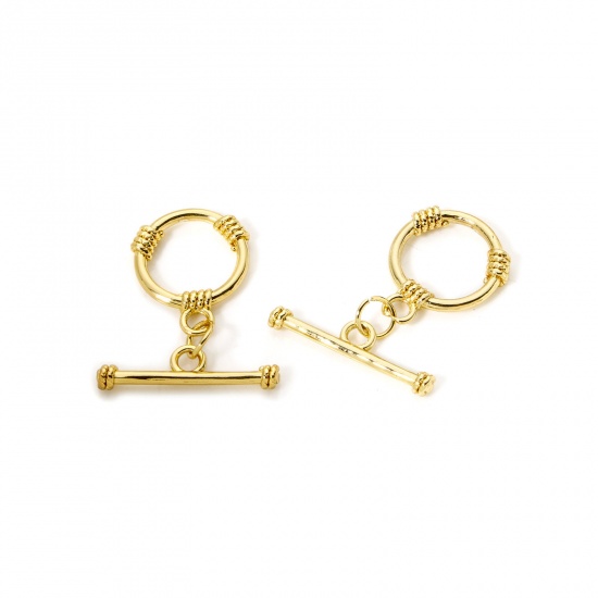 Bild von 2 Sets Brass Toggle Clasps Round Stripe 18K Gold Plated 22mm x 6mm