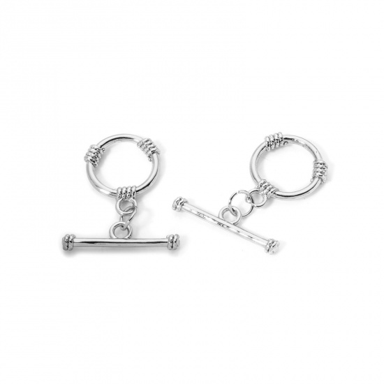 Bild von 2 Sets Brass Toggle Clasps Round Stripe Platinum Plated 22mm x 6mm