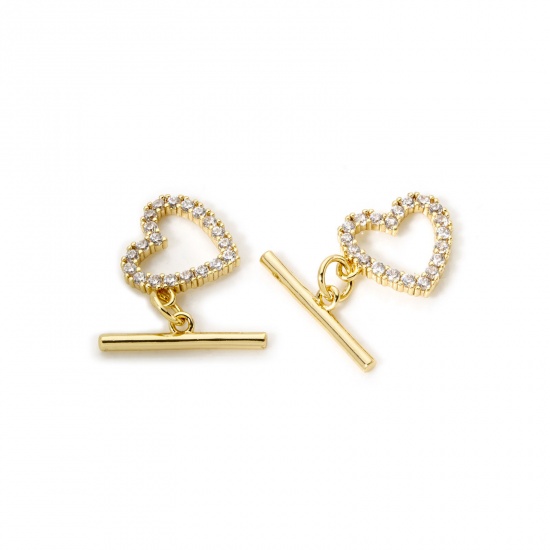 Bild von 2 Sets Brass Toggle Clasps Heart 18K Gold Plated Micro Pave Clear Cubic Zirconia 18mm x 4mm