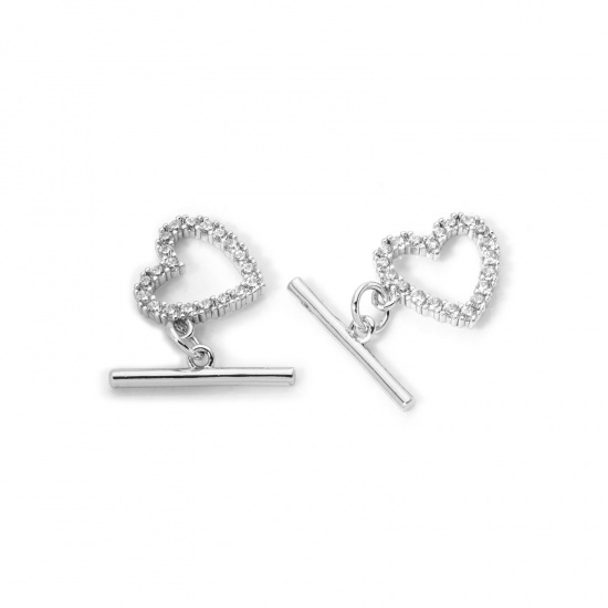 Bild von 2 Sets Brass Toggle Clasps Heart Platinum Plated Micro Pave Clear Cubic Zirconia 18mm x 4mm