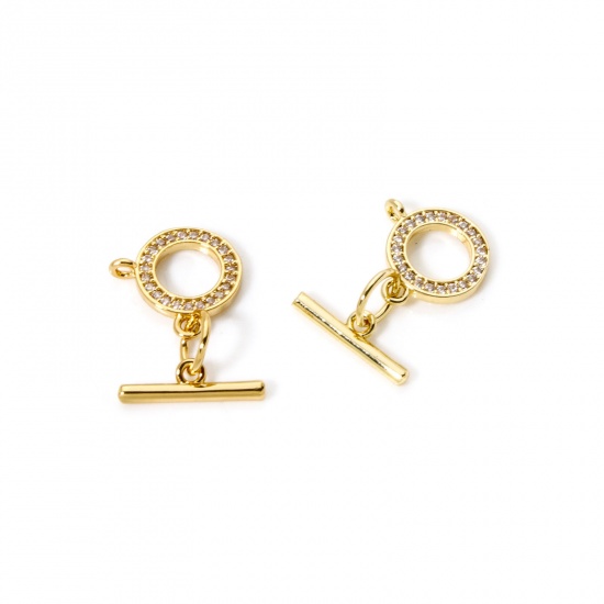 Bild von 2 Sets Brass Toggle Clasps Round 18K Gold Plated With Loop Clear Cubic Zirconia 14mm x 4mm