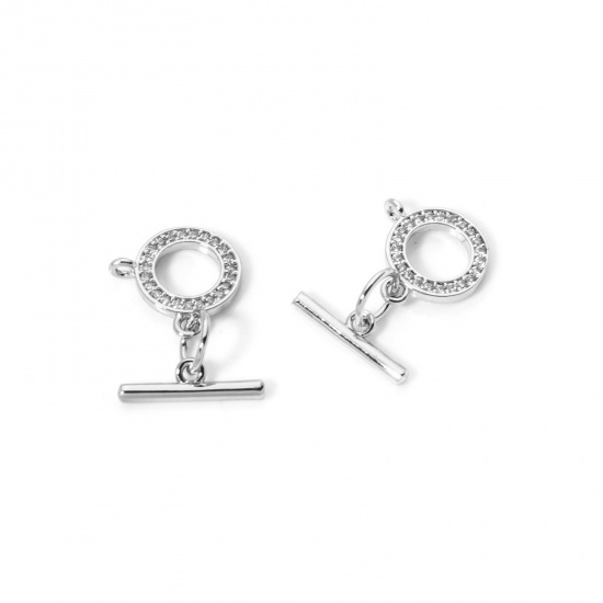 Bild von 2 Sets Brass Toggle Clasps Round Platinum Plated With Loop Clear Cubic Zirconia 14mm x 4mm