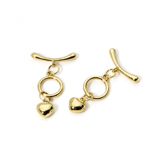 Bild von 2 Sets Brass Toggle Clasps Round Heart 18K Gold Plated 24mm x 11mm