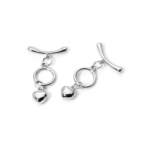 Bild von 2 Sets Brass Toggle Clasps Round Heart Platinum Plated 24mm x 11mm