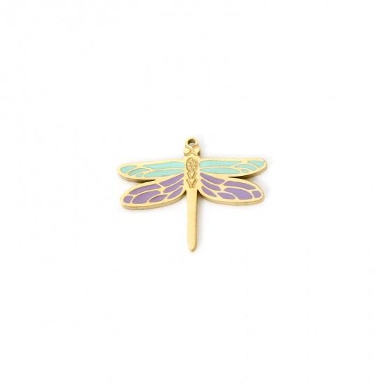 Bild von 2 Stück Umweltfreundliche PVD-Vakuumbeschichtung 304 Edelstahl Insekt Charms Schmetterling 14K Echtgold plattiert Violett & Grün Emaille 15mm x 12mm
