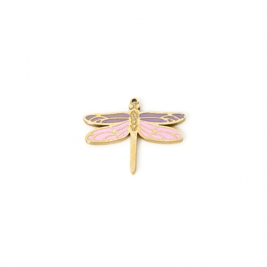 Bild von 2 Stück Umweltfreundliche PVD-Vakuumbeschichtung 304 Edelstahl Insekt Charms Schmetterling 14K Echtgold plattiert Rosa & Violett Emaille 15mm x 12mm