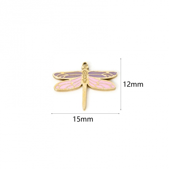 Bild von 2 Stück Umweltfreundliche PVD-Vakuumbeschichtung 304 Edelstahl Insekt Charms Schmetterling 14K Echtgold plattiert Rosa & Violett Emaille 15mm x 12mm