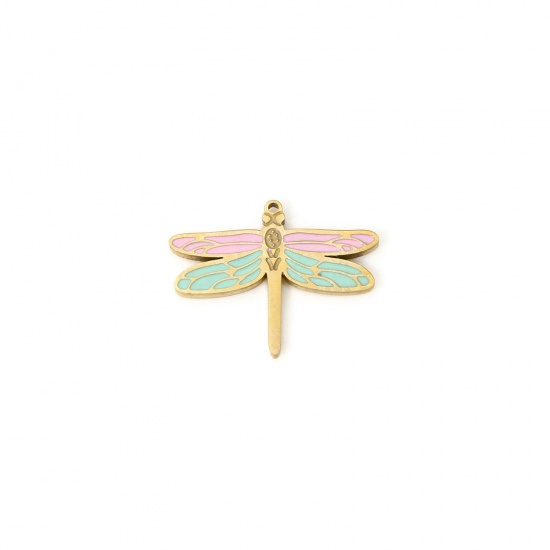 Bild von 2 Stück Umweltfreundliche PVD-Vakuumbeschichtung 304 Edelstahl Insekt Charms Schmetterling 14K Echtgold plattiert Rosa & Grün Emaille 15mm x 12mm
