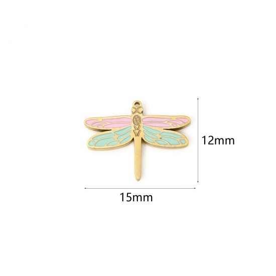 Bild von 2 Stück Umweltfreundliche PVD-Vakuumbeschichtung 304 Edelstahl Insekt Charms Schmetterling 14K Echtgold plattiert Rosa & Grün Emaille 15mm x 12mm