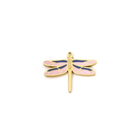Bild von 2 Stück Umweltfreundliche PVD-Vakuumbeschichtung 304 Edelstahl Insekt Charms Schmetterling 14K Echtgold plattiert Rosa Emaille 15mm x 12mm