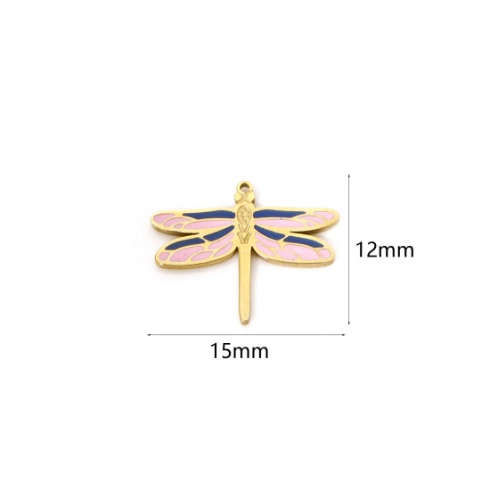 Bild von 2 Stück Umweltfreundliche PVD-Vakuumbeschichtung 304 Edelstahl Insekt Charms Schmetterling 14K Echtgold plattiert Rosa Emaille 15mm x 12mm