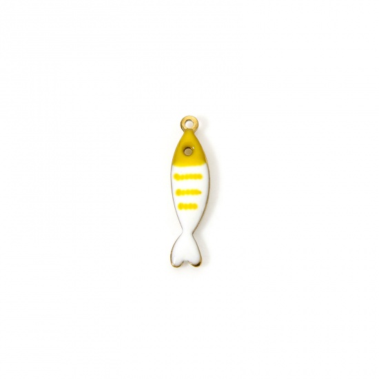 Image de 5 Pcs Breloques en 304 Acier Inoxydable Revêtement sous Vide PVD Respectueux de l'Environnement Bijoux d'Océan Poisson Plaqué Or Véritable 18K Couleur au Hasard Rayées Émail 18.5mm x 5mm