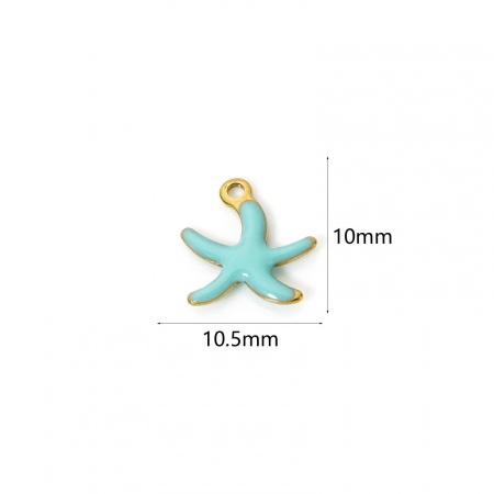 Picture of 5 PCs Eco-friendly PVD Vacuum Plating Waterproof Anti-Tarnish Hypoallergenic 304 Stainless Steel Ocean Jewelry Charms 18K Real Gold Plated Blue Starfish Enamel 10.5mm x 10mm