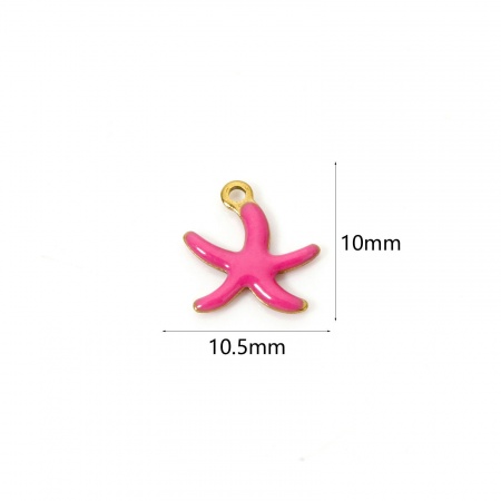 Picture of 5 PCs Eco-friendly PVD Vacuum Plating Waterproof Anti-Tarnish Hypoallergenic 304 Stainless Steel Ocean Jewelry Charms 18K Real Gold Plated Fuchsia Starfish Enamel 10.5mm x 10mm