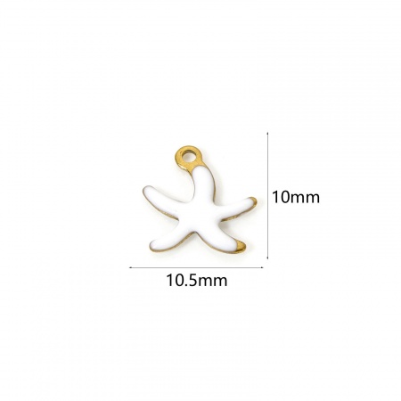 Picture of 5 PCs Eco-friendly PVD Vacuum Plating Waterproof Anti-Tarnish Hypoallergenic 304 Stainless Steel Ocean Jewelry Charms 18K Real Gold Plated White Starfish Enamel 10.5mm x 10mm