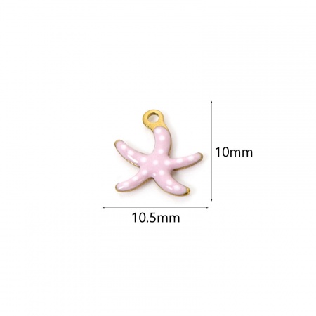 Picture of 5 PCs Eco-friendly PVD Vacuum Plating Waterproof Anti-Tarnish Hypoallergenic 304 Stainless Steel Ocean Jewelry Charms 18K Real Gold Plated Pink Starfish Enamel 10.5mm x 10mm
