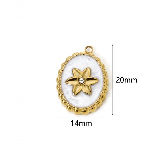 Picture of 2 PCs Eco-friendly PVD Vacuum Plating 304 Stainless Steel Charms 18K Real Gold Plated White Oval Flower Enamel 20mm x 14mm