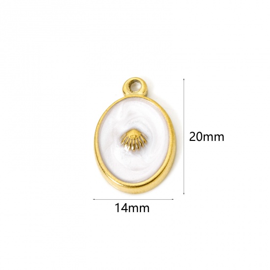 Picture of 2 PCs Eco-friendly PVD Vacuum Plating 304 Stainless Steel Charms 18K Real Gold Plated White Oval Shell Enamel 20mm x 14mm