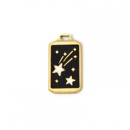 Picture of 1 Piece Eco-friendly PVD Vacuum Plating Waterproof Anti-Tarnish Hypoallergenic 304 Stainless Steel Charms 18K Real Gold Plated Black Rectangle Star Enamel 25.5mm x 14mm