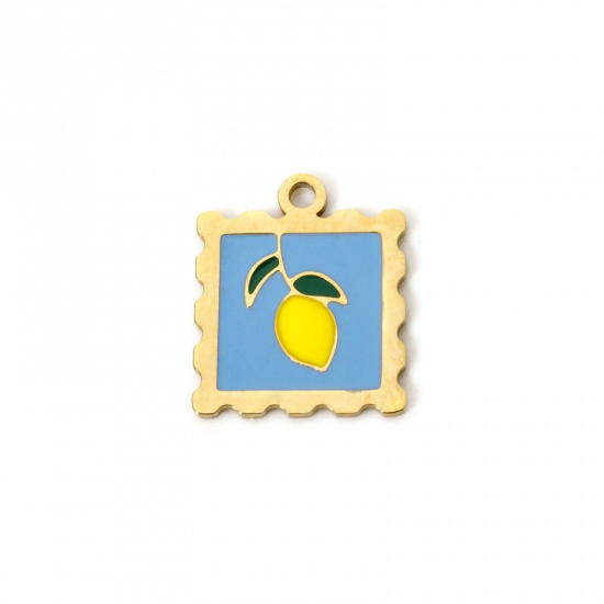 Picture of 2 PCs Eco-friendly PVD Vacuum Plating 304 Stainless Steel Flora Collection Charms 14K Real Gold Plated Yellow Square Lemon Slice Enamel 19.5mm x 16.5mm