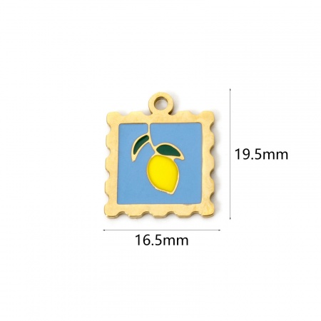 Picture of Eco-friendly PVD Vacuum Plating 304 Stainless Steel Flora Collection Charms 14K Real Gold Plated Multicolor Square Strawberry Fruit Enamel 19.5mm x 16.5mm
