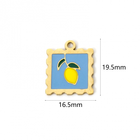 Picture of 2 PCs Eco-friendly PVD Vacuum Plating 304 Stainless Steel Flora Collection Charms 14K Real Gold Plated Yellow Square Lemon Slice Enamel 19.5mm x 16.5mm