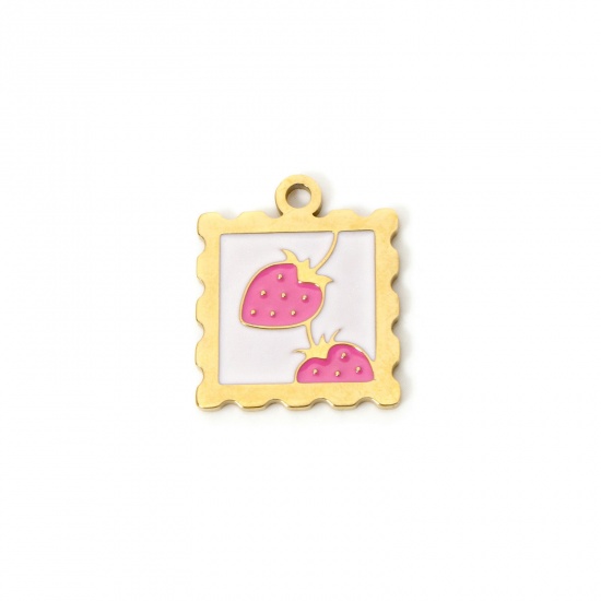 Picture of 2 PCs Eco-friendly PVD Vacuum Plating 304 Stainless Steel Flora Collection Charms 14K Real Gold Plated Pink Square Strawberry Fruit Enamel 19.5mm x 16.5mm