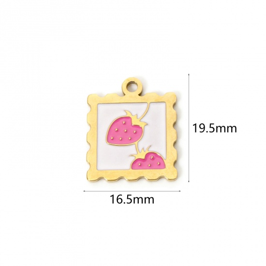 Picture of 2 PCs Eco-friendly PVD Vacuum Plating 304 Stainless Steel Flora Collection Charms 14K Real Gold Plated Pink Square Strawberry Fruit Enamel 19.5mm x 16.5mm